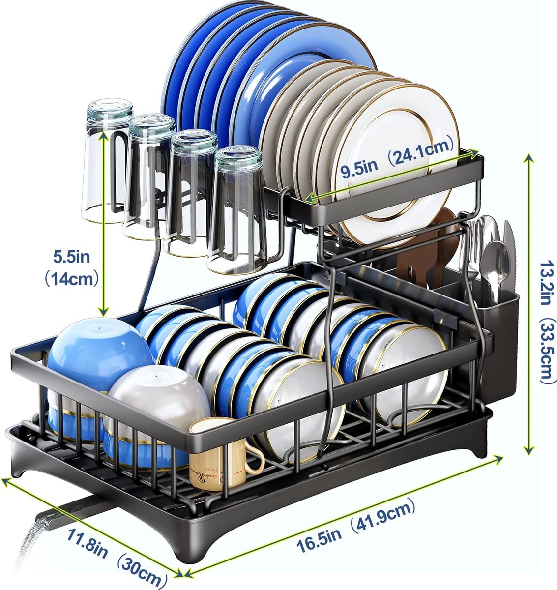 thumbnail: 2-lags Afdruiprek Voor Vaat - Met Lekbak, Draaibare Afvoer, Bestekhouder, Roestvrij Staal, Ruim Opbergrek