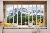Fotobehang - Vlies Behang - 3D - Uitzicht op de Bergen vanuit het Raam - 152,5 x 104 cm