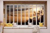 Fotobehang - Vlies Behang - 3D - Uitzicht op de Mistige Bergen vanuit het Raam - 152,5 x 104 cm