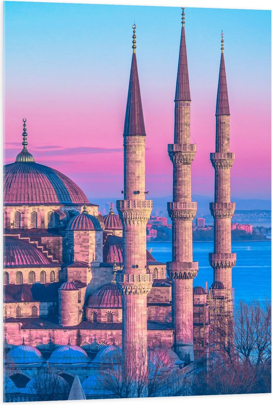Acrylglas - Sultan Ahmetmoskee in Istanbul met Roze Blauwe Lucht - 70x105 cm Foto op Acrylglas (Met Ophangsysteem)