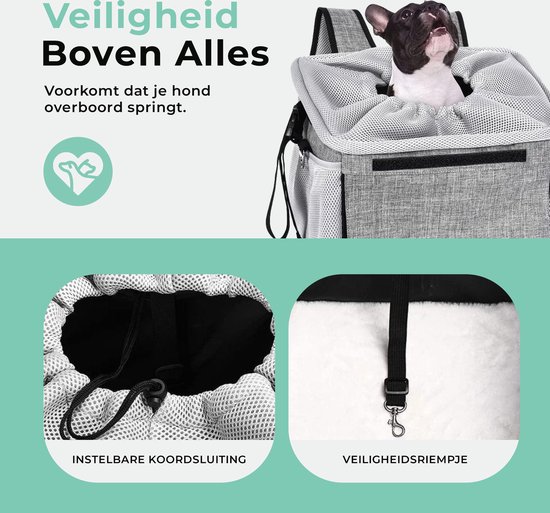 Grijze fietsmand met een zwart-witte hond. Illustraties van de koordsluiting en veiligheidsharnas. "Veiligheid Boven Alles Voorkomt dat hond overboord springt."