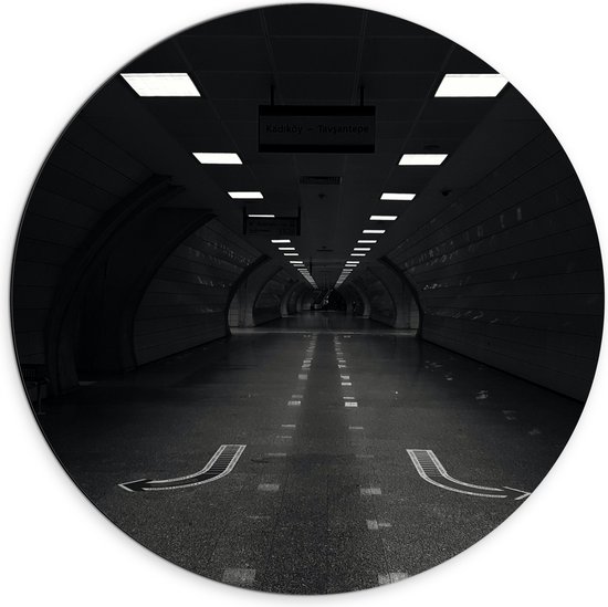 Dibond Muurcirkel - Tunnel - Zwart Wit - 70x70 cm Foto op Aluminium Muurcirkel (met ophangsysteem)