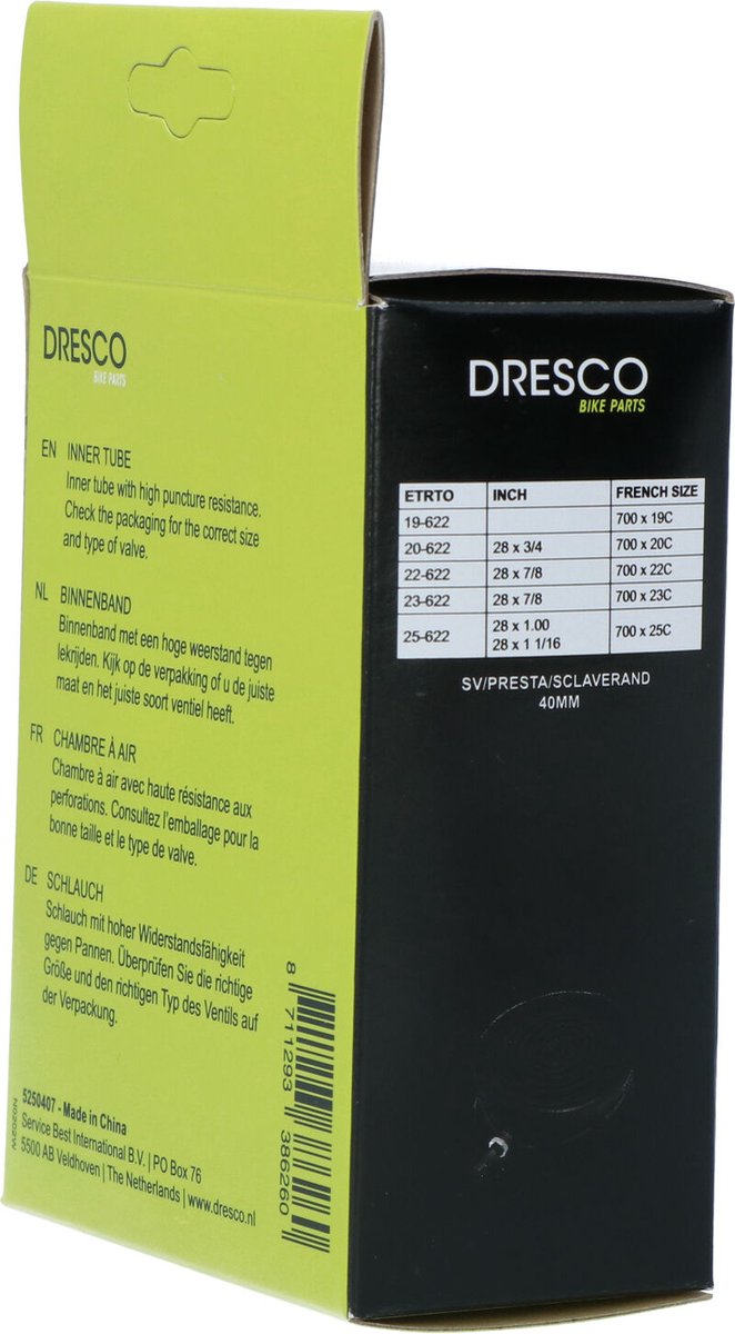 Dresco Binnenband - Bandenmaat700x23C - ETRTO maat 19/25-700 - Sclave/Frans ventiel - Ventielhoogte 40mm - Geschikt voor meerdere bandenmaten van Dresco — afbeelding 4