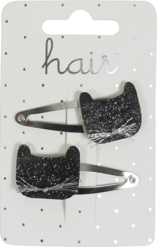 Haarspeldjes Klikklak 4.8cm Glitter Kat - Zwart/Zilver - 2 stuks