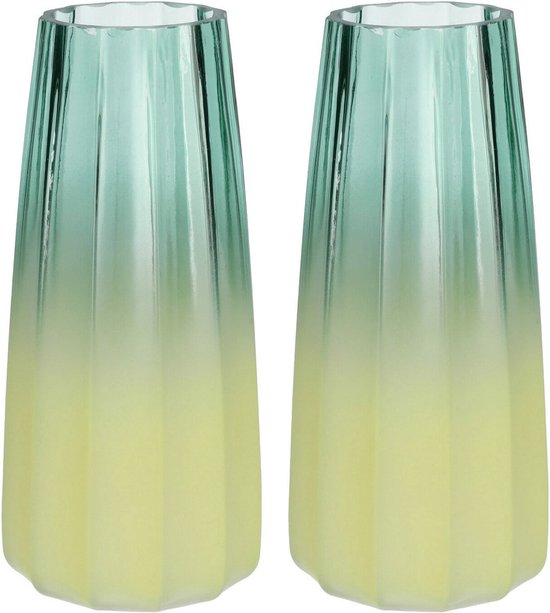 Bellatio Design Bloemenvaas - groen/geel - 2x - glas - D10 x H21 cm - vaas