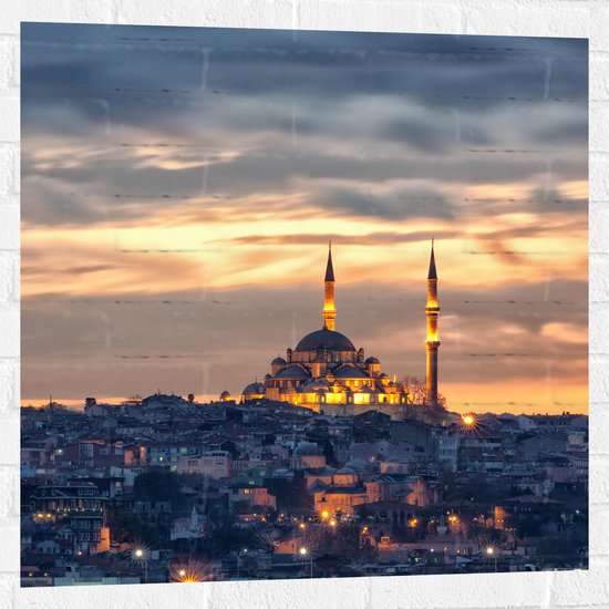WallClassics - Muursticker - Süleymaniye-Moskee op Begin van de Avond in Istanbul, Turkije - 80x80 cm Foto op Muursticker