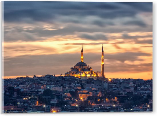 WallClassics - Acrylglas - Süleymaniye-Moskee op Begin van de Avond in Istanbul, Turkije - 40x30 cm Foto op Acrylglas (Met Ophangsysteem)