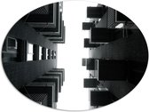 Dibond Ovaal - Onderaanzicht van Gebouwen in het Zwart Wit - 108x81 cm Foto op Ovaal (Met Ophangsysteem)