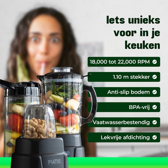 Piatio Blender - Smoothie Maker - Blenders - 13 Delige Set - To go set met Beker - 3 Standen - RVS van Piatio — afbeelding 5