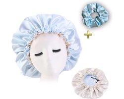 Satijnen slaapmuts + scrunchie – Bonnet voor slapen – Lichtblauw