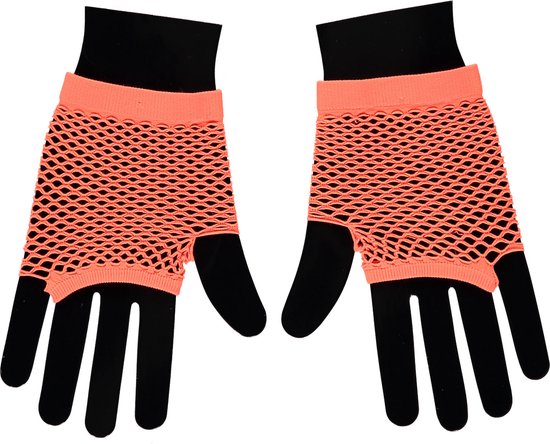 Apollo - Visnet handschoenen - Korte handschoenen - Fluor Oranje - One Size - Kanten handschoenen - Neon verkleedkleding - Feestkleding - Carnaval