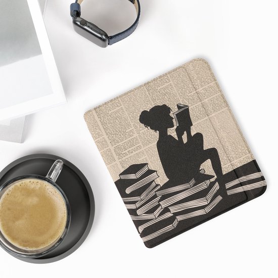kwmobile e-reader hoesje geschikt voor Tolino Vision 6 hoes - E reader flip case met magnetische sluiting - Ereader cover - Meisje met boeken design in zwart / beige van kwmobile — afbeelding 5