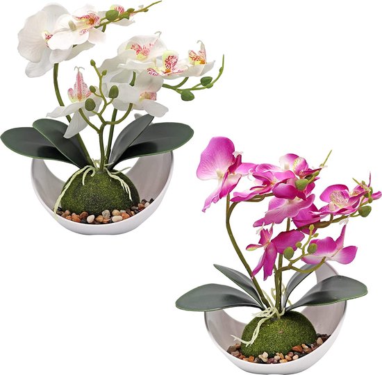 Phalaenopsis Kunstorchideeënbloemen, bonsis, kunstplant, orchideeën, kunstplant met sierpot voor bruiloft, decoratie, tafeldecoratie, wooncultuur (paars + wit)