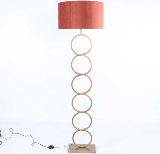 Gouden vloerlamp met roestbruine kap | Velours | 1 lichts | roestbruin / goud | metaal / stof | kap Ø 45 cm | staande lamp / vloerlamp | modern / sfeervol design