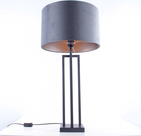 Tafellamp vierkant met velours kap Roma | 1 lichts | grijs / zwart | metaal / stof | Ø 40 cm | 79 cm hoog | tafellamp | modern / sfeervol / klassiek design