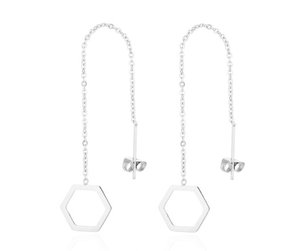 Oorhangers - hexagon - zilverkleurig - doortrek oorbellen - cadeau voor vrouw - Liefs Jade