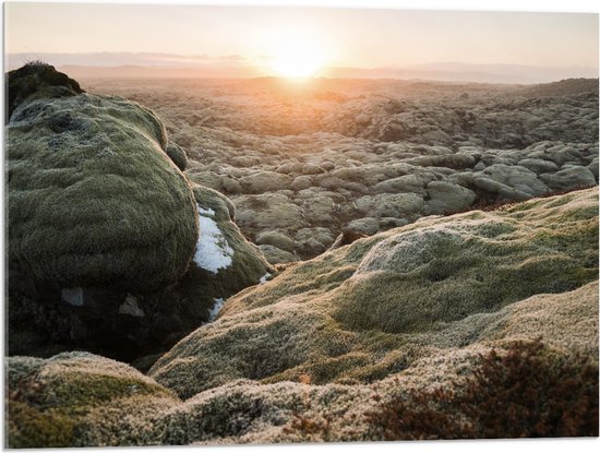 Acrylglas - Mossige Rotsen met Ondergaande Zon - 80x60 cm Foto op Acrylglas (Met Ophangsysteem)