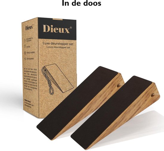 Dieux® - Luxe Deurstopper Set van acaciahout - 2 stuks - Deurstop - Deurdranger voor binnen met antislip - Deurvastzetter binnendeur - Deurwig van hout ophangbaar - Dieux®