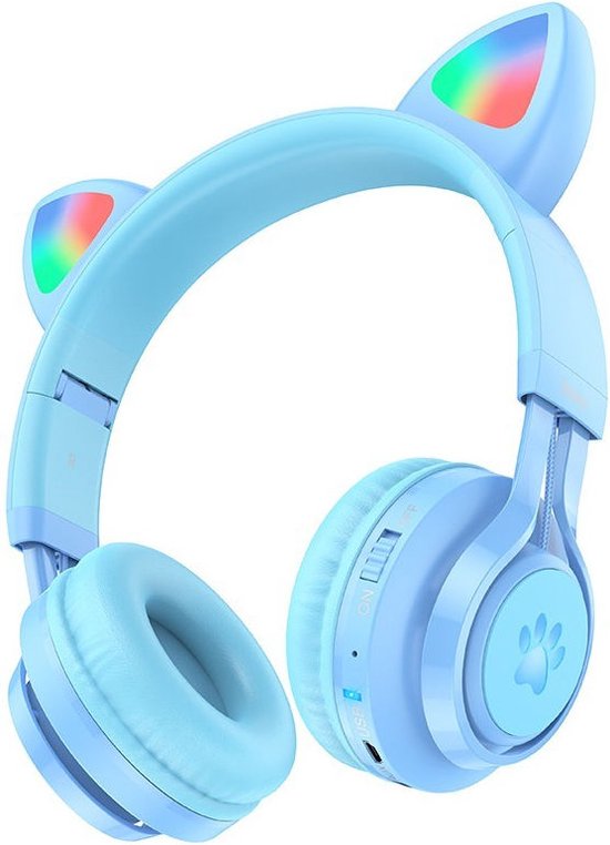Bluetooth 5.0 EDR, draadloze stereo-hoofdtelefoon met kattenoor met microfoon, verstelbare hoofdband, batterij 360 mAh, 7 uur afspelen, 7 kleuren led voor meisjes