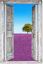 Tuinposter - Lavendel - Boom - Doorkijk - Tuinposter doorkijk - 40x60 cm - Schutting decoratie - Tuinschilderij - Tuindoek - Buitenposter