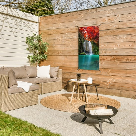 Poster de jardin Cascade - arbre - Rouge - Automne - Water - 40x80 cm - Décoration murale Outdoor - Poster de jardin - Toile de jardin - Poster de clôture - Tableau de jardin