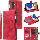 Telefoonhoesje geschikt voor Samsung Galaxy A14 - Portemonnee met rits - book-case hoesje - ruimte voor 8 pasjes - mandala rood