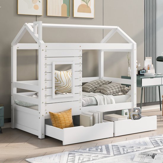 Lit Cabane Enfant 140x200 Cm Avec Espace De Rangement - Bois Massif, Barrière De Sécurité, Portes, Blanc, Sommier à Lattes