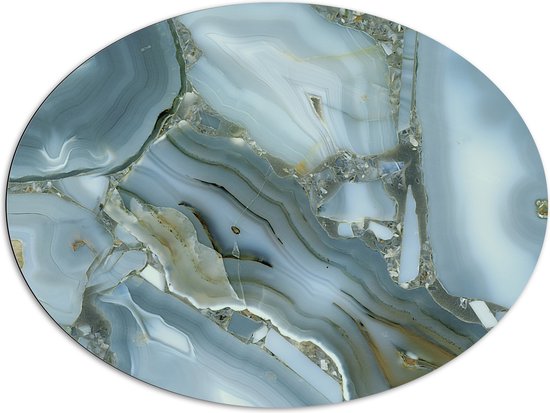Dibond Ovaal - Luxe Wit met Gouden Marmer - 108x81 cm Foto op Ovaal (Met Ophangsysteem)
