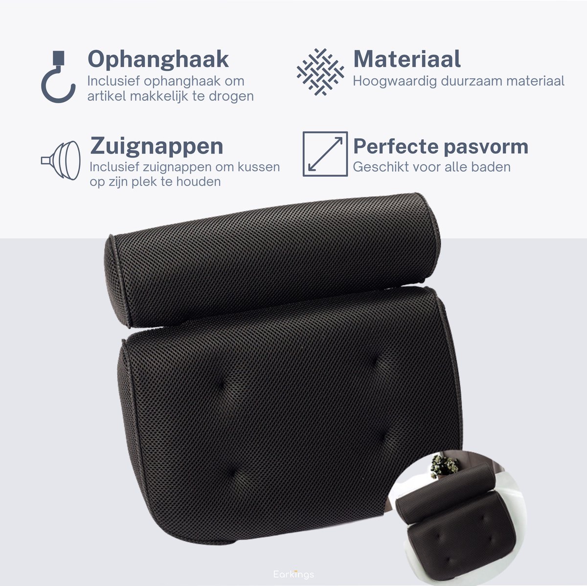 Earkings Badkussen met 6 Zuignappen en Ophanghaak - Bad Kussen voor in Bad - Bad Accessoires Nekkussen Bad - Hoofdsteun Bad Zwart — afbeelding 4