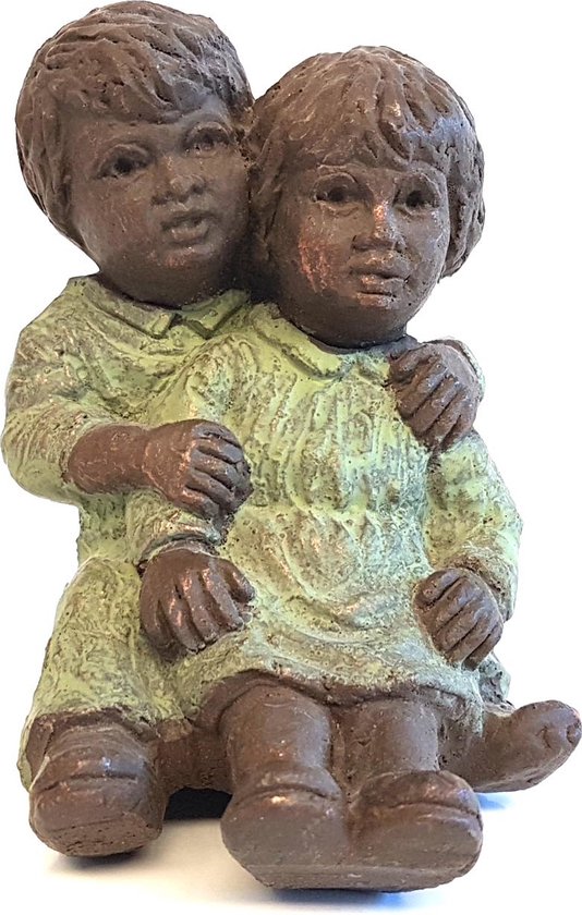 Geert Kunen / Skulptuur / Beeld / Meisje en jongen - Bruin / groen / goud - 8 x 10 x 12 cm hoog.