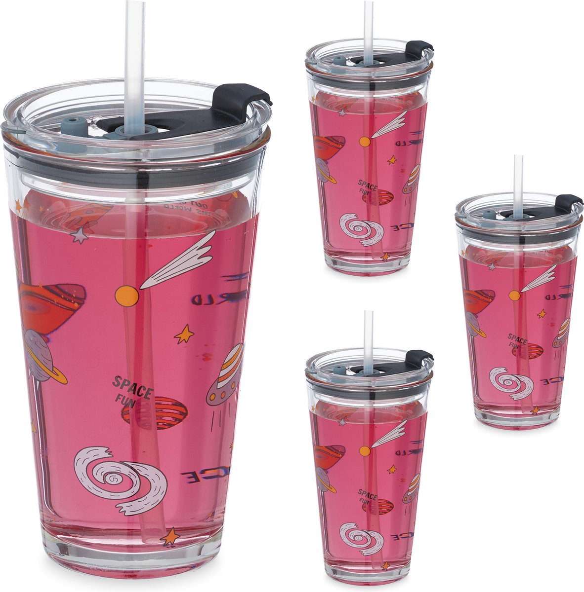drinkglazen voor kinderen - set van 4 - 450 ml - heelal design - rietje en deksel - maatstrepen
