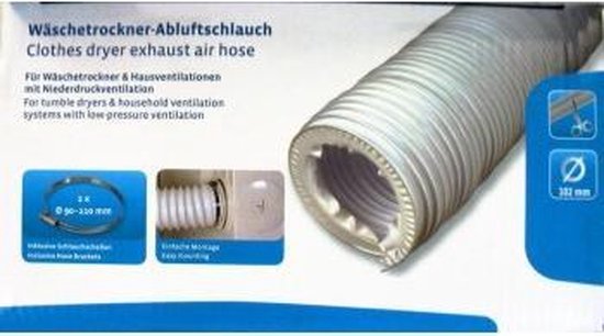 Tuyau d'évacuation d'air blanc et côtelé pour sèche-linge et ventilation domestique, avec collier de serrage et instructions de montage.