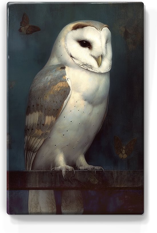 Betoverende Ontmoeting: Witte Uil en Dansende Nachtvlinders - Handgelakt - 19,5 x 30 cm - Niet van echt te onderscheiden schilderijtje op hout - Mooier dan een print op canvas - Laqueprint.