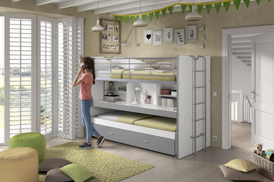 Lit mezzanine Bonny 80 avec bureau et tiroir de lit - gris - Vipack - Lits mezzanines avec bureau - Gris - Métal|Panneaux de particules - Lits mezzanines avec bureau