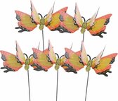 Set van 5x stuks metalen vlinder geel/oranje 11 x 70 cm op steker - Tuindecoratie vlinders - Dierenbeelden