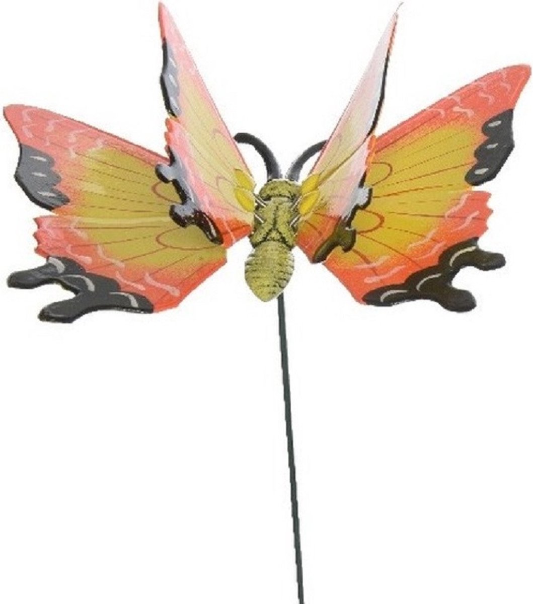 Metalen vlinder geel/oranje 11 x 70 cm op steker - Tuindecoratie vlinders - Dierenbeelden