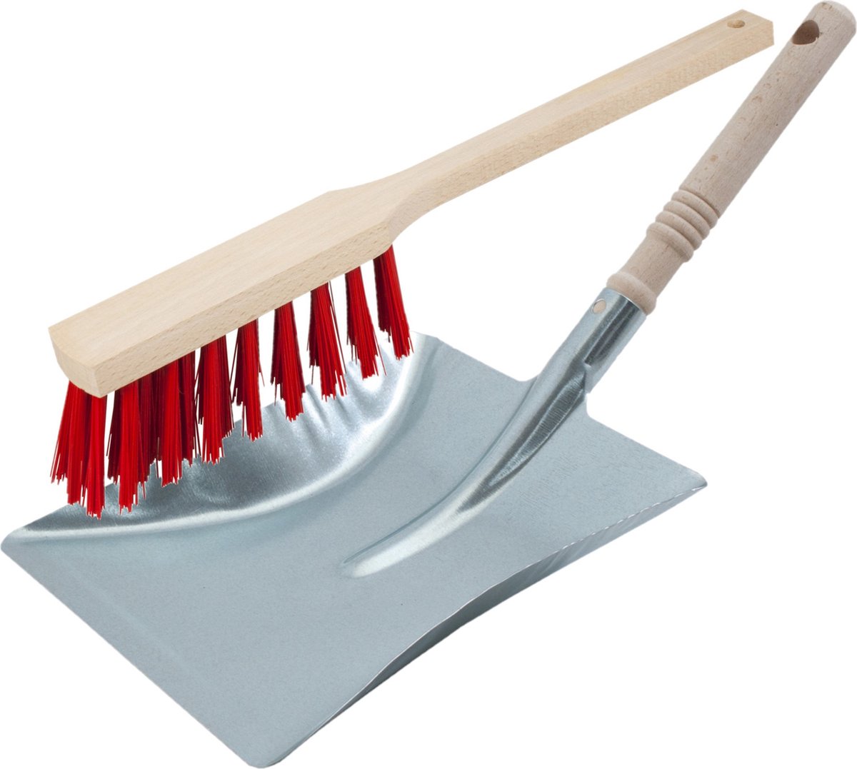 Stoffer en blik zilver/rood van verzinkt metaal/hout voor buiten