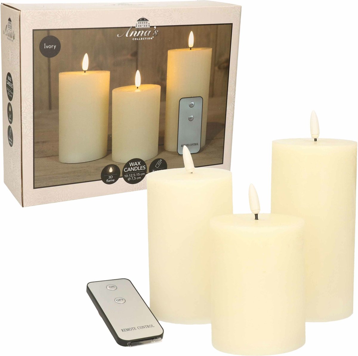 Anna's Collection LED Stompkaarsen met afstandsbediening - 9x - ivoor - 10/12.5/15 cm Creme