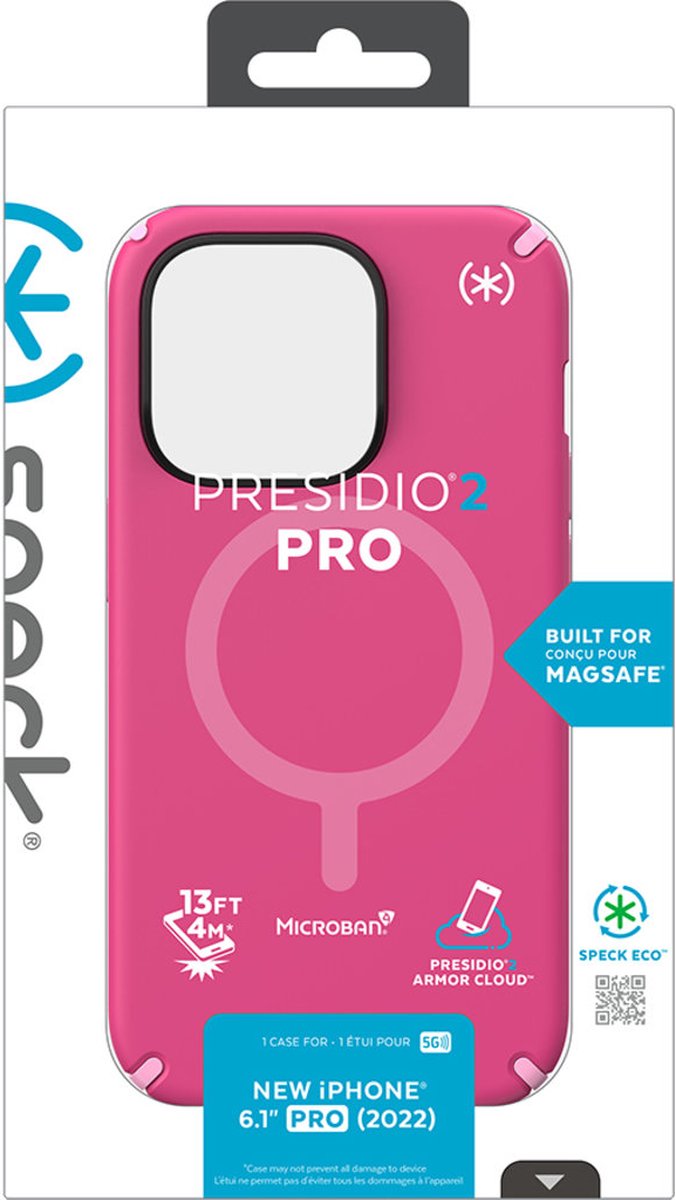 Speck hoesje geschikt voor Apple iPhone 14 Pro - Slank - MagSafe - Ultieme Bescherming - Luxe Soft-touch Afwerking - Valbescherming gecertificeerd tot 4 meter - Microban Antibacterieel - Presidio2 Pro lijn -Roze