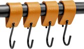Brute Strength - Leren S-haak hangers - Okergeel - 4 stuks - 12,5 x 2,5 cm – Zwart zilver – Leer - handdoekhaakjes - Ophanghaken – kapstokhaak