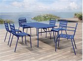 MYLIA Salon de jardin MIRMANDE : table L.160 cm avec 2 fauteuils empilables & 4 chaises empilables - Métal - Bleu nuit L 160 cm x H 79 cm x P 80 cm