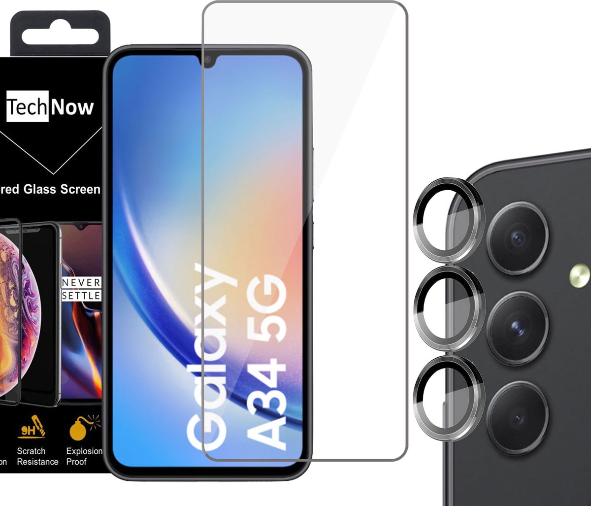Screenprotector geschikt voor Samsung A34 + Beschermglas Camera Lens