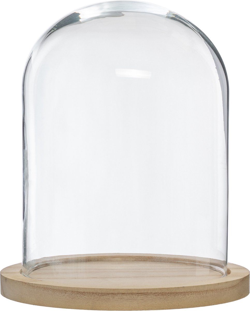 Atmosphera Home decoratie glazen stolp op houten plateau - glas/lichtbruin - D23 x H29.5 cm - Woonaccessoires
