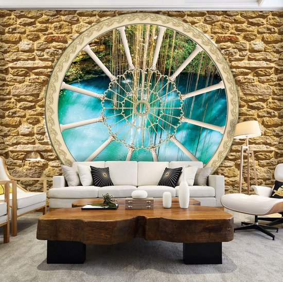 Fotobehang - Vlies Behang - Uitzicht Op Grot Met De Zee Door Sierlijk Raam 3d 254 X 184 Cm Fotobehang - Vlies Behang - Uitzicht Op Grot Met De Zee Door Sierlijk Raam 3d 254 X 184 Cm