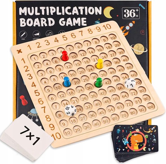 Vermenigvuldigingsbordspel met 10x10 raster, pionnen, dobbelstenen en kaarten.