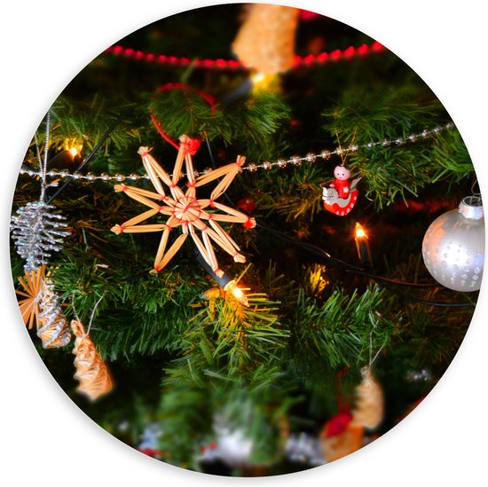 PVC Schuimplaat Muurcirkel - Verschillende Ornamenten en Kerstballen in Kerstboom - 100x100 cm Foto op Muurcirkel (met ophangsysteem)