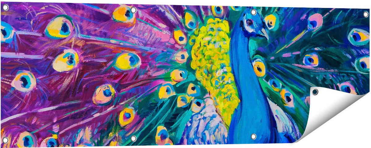 Gards Tuinposter Pauw met Kleurrijke Veren van Olieverf - Abstract - 120x40 cm - Tuindoek - Tuindecoratie - Wanddecoratie buiten - Tuinschilderij Multikleur
