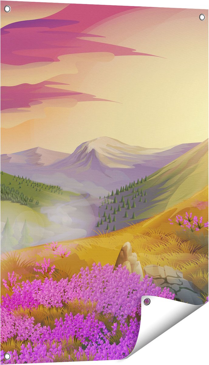 Gards Tuinposter Lavendel Bloemen in de Bergen - Abstract - 60x90 cm - Tuindoek - Tuindecoratie - Wanddecoratie buiten - Tuinschilderij Multikleur