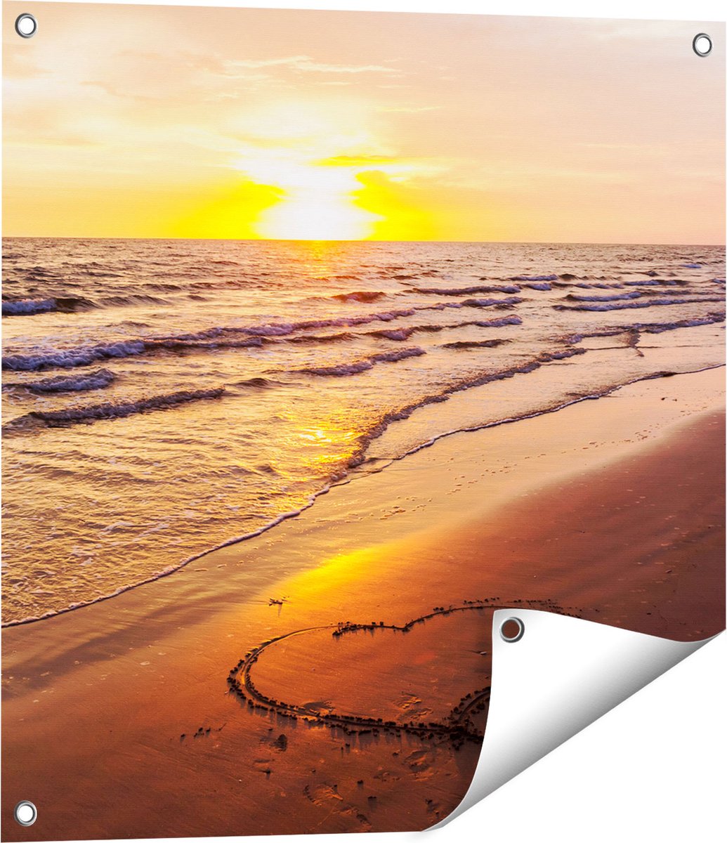 Gards Tuinposter Zonsondergang op het Strand met een Hartje - 60x60 cm - Tuindoek - Tuindecoratie - Wanddecoratie buiten - Tuinschilderij Multikleur