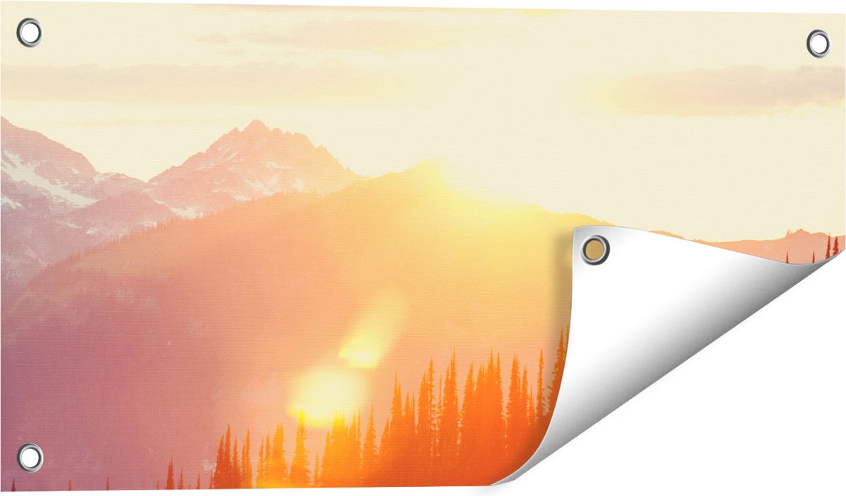 Gards Tuinposter Zonsondergang in het Bos - 60x30 cm - Tuindoek - Tuindecoratie - Wanddecoratie buiten - Tuinschilderij Multikleur